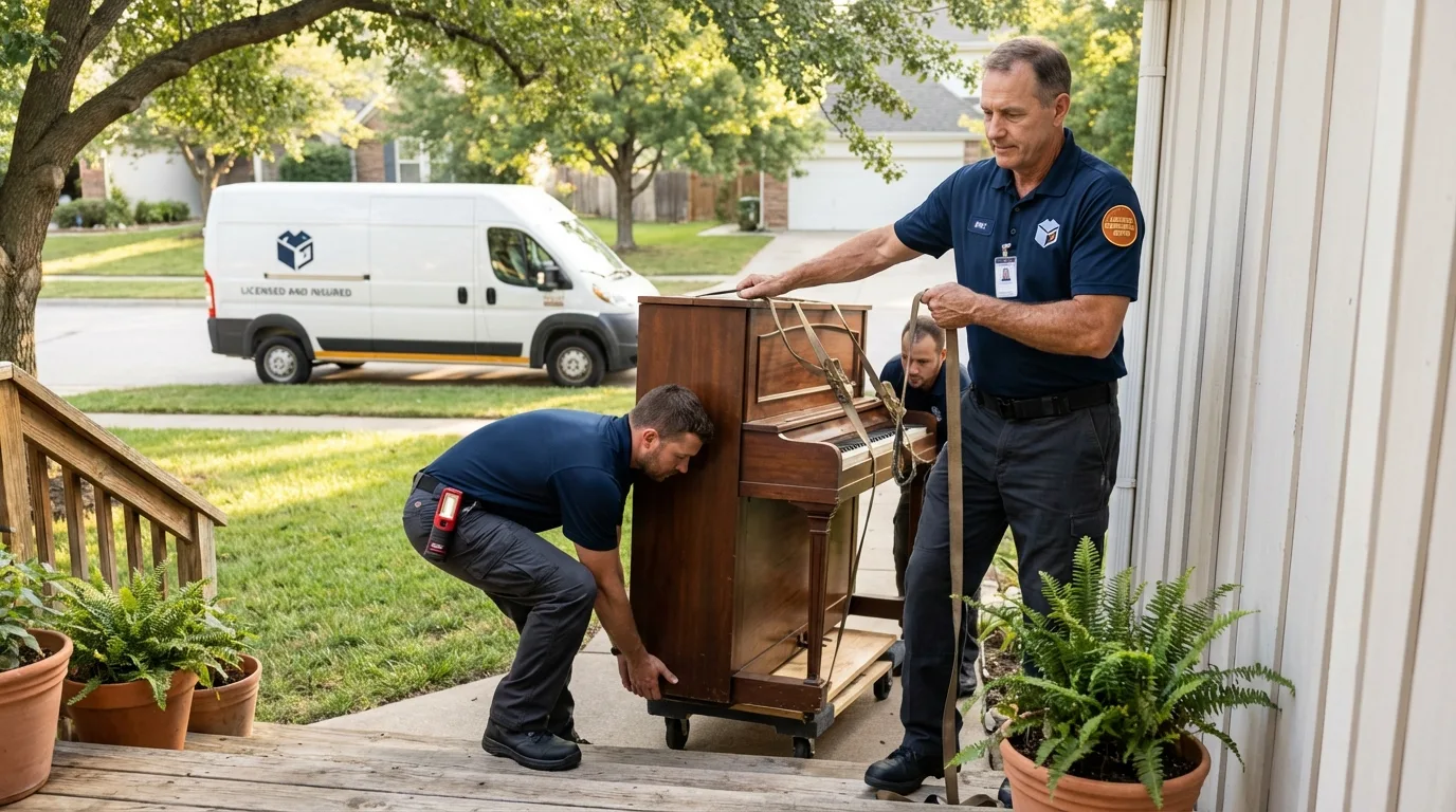 Licensed piano movers securing grand piano in Shortsville, NY