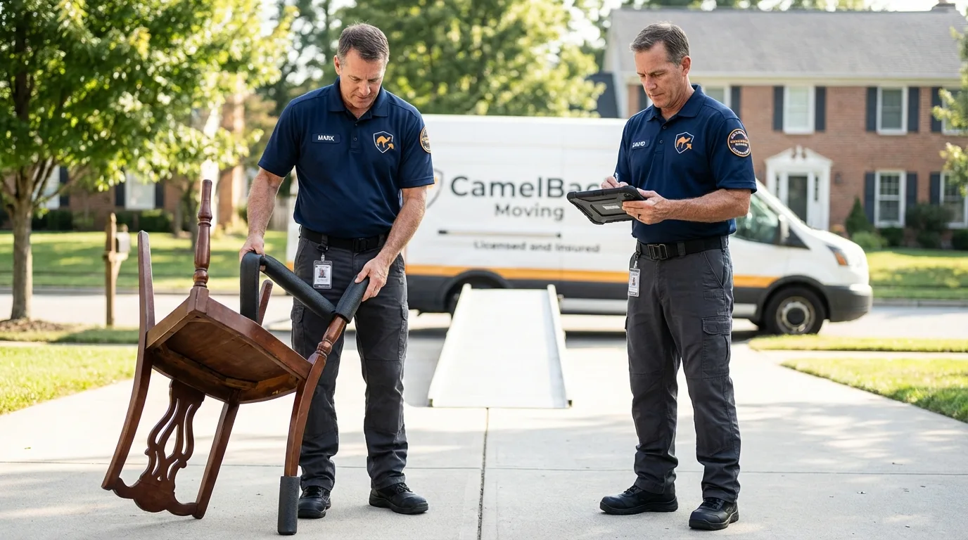 Movers inspecting furniture for damage prevention before loading in Shortsville, NY