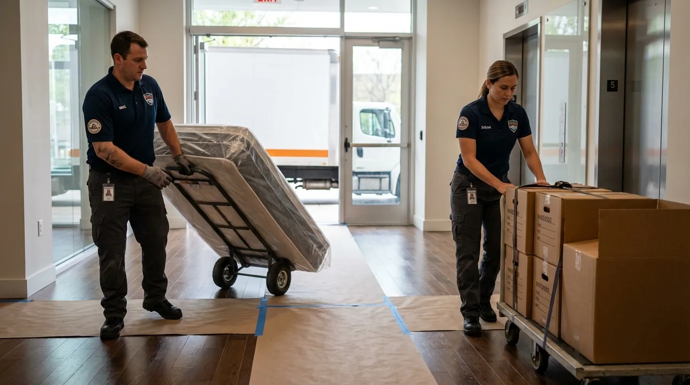Professional apartment movers loading elevator in Shortsville, NY