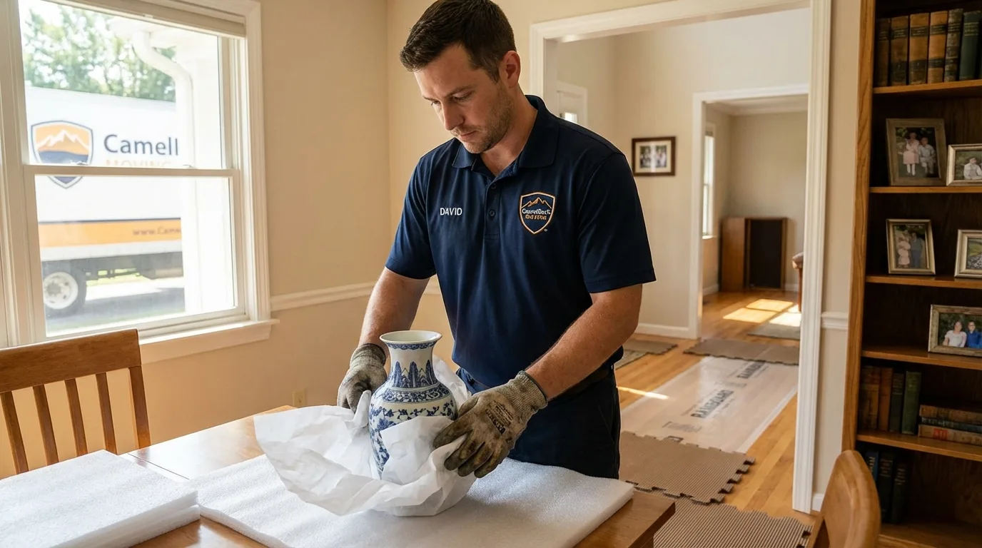 Professional crew carefully wrapping antique vase for senior downsizing move in Shortsville, NY