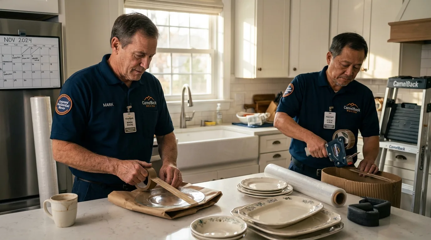Professional crew packing kitchen dishware in Shortsville, NY